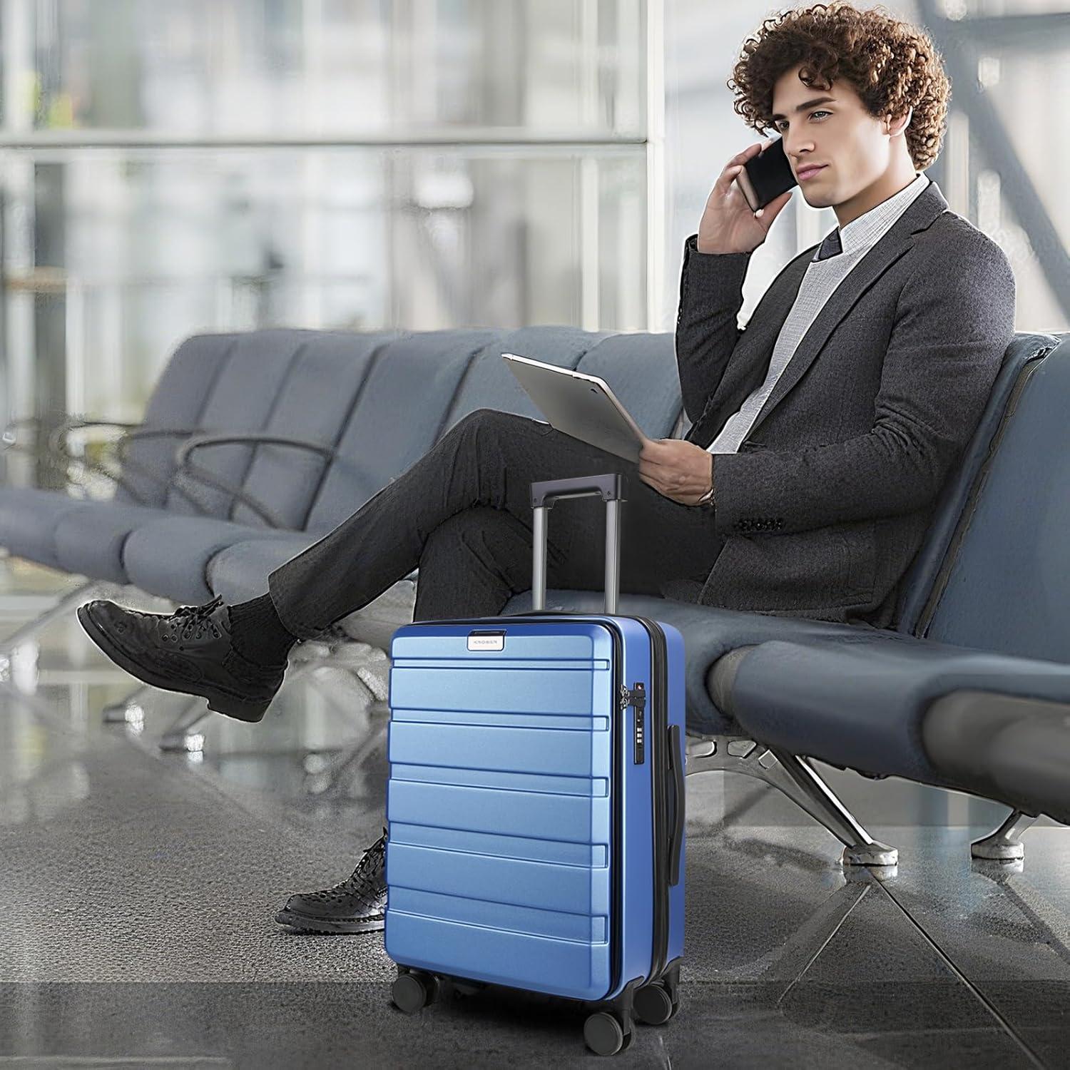 imageKROSER Carry On Luggage with Spinner Wheels amp Builtin TSA Lock Expandable Top Opening Hard Shell Suitcase Large Capacity Durable Rolling Luggage with USB Port CarryOn 20Inch Light BlueLight Blue