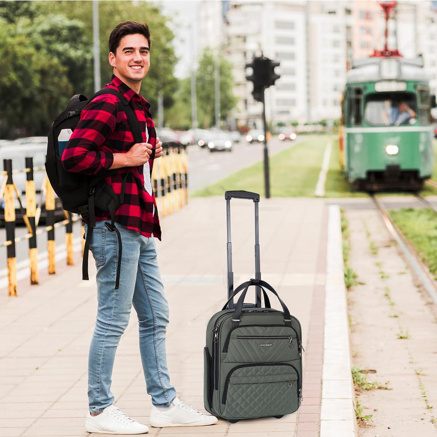 imageKROSER Carry On Underseat Multifunctional 16inch Underseater Lightweight Overnight Suitcase for Women Haze BlueArmy Green