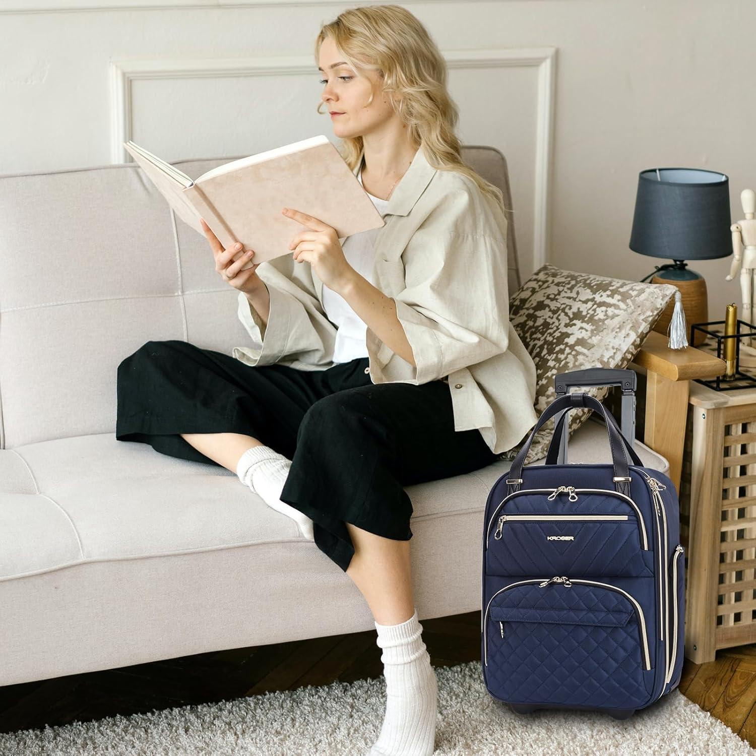 imageKROSER Carry On Underseat Multifunctional 16inch Underseater Lightweight Overnight Suitcase for Women Haze BlueNavyGold