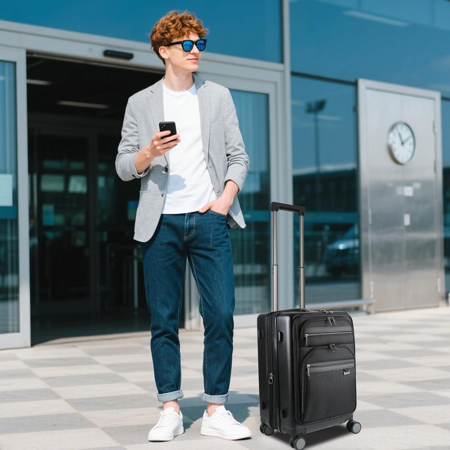 imageKROSER Hardside Expandable Carry On Luggage 22x14x9 Airline Approved With Front Business Pockets 20 Inch Suitcases with Wheels Carry on Suitcase with TSA Lock amp USB Port BlackBlack