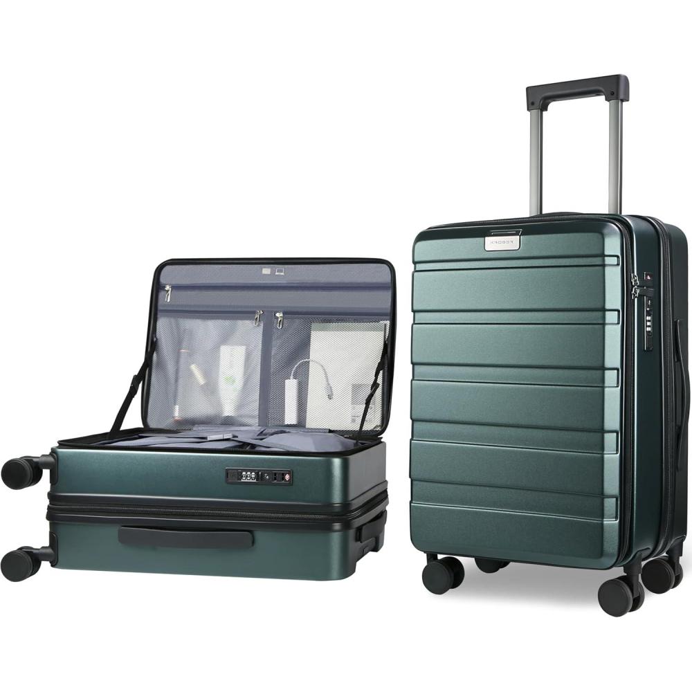 imageKROSER Carry On Luggage with Spinner Wheels amp Builtin TSA Lock Expandable Top Opening Hard Shell Suitcase Large Capacity Durable Rolling Luggage with USB Port CarryOn 20Inch Light BlueDark Green