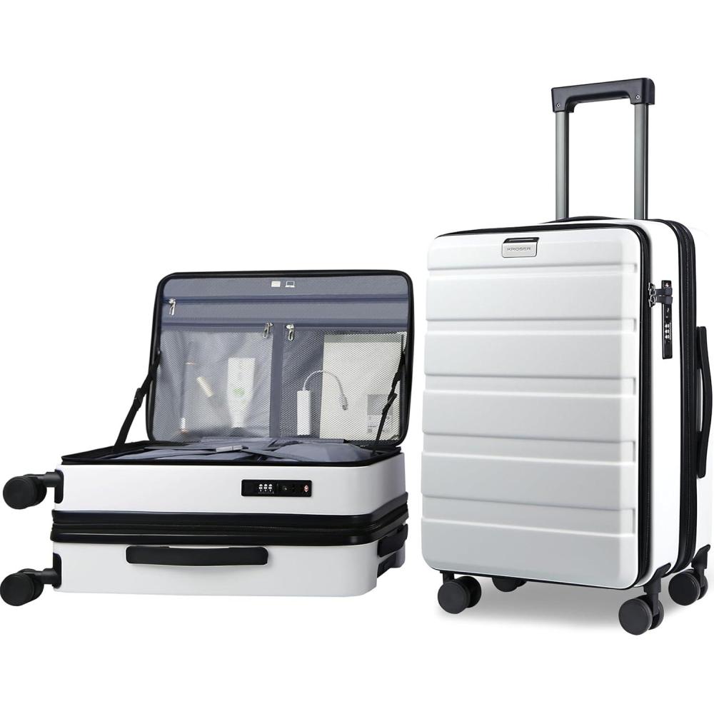 imageKROSER Carry On Luggage with Spinner Wheels amp Builtin TSA Lock Expandable Top Opening Hard Shell Suitcase Large Capacity Durable Rolling Luggage with USB Port CarryOn 20Inch Light BlueWhite