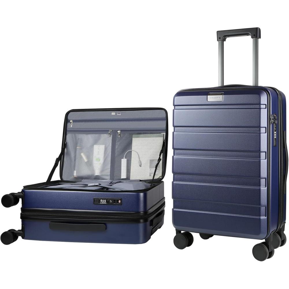 imageKROSER Carry On Luggage with Spinner Wheels amp Builtin TSA Lock Expandable Top Opening Hard Shell Suitcase Large Capacity Durable Rolling Luggage with USB Port CarryOn 20Inch Light BlueNavy