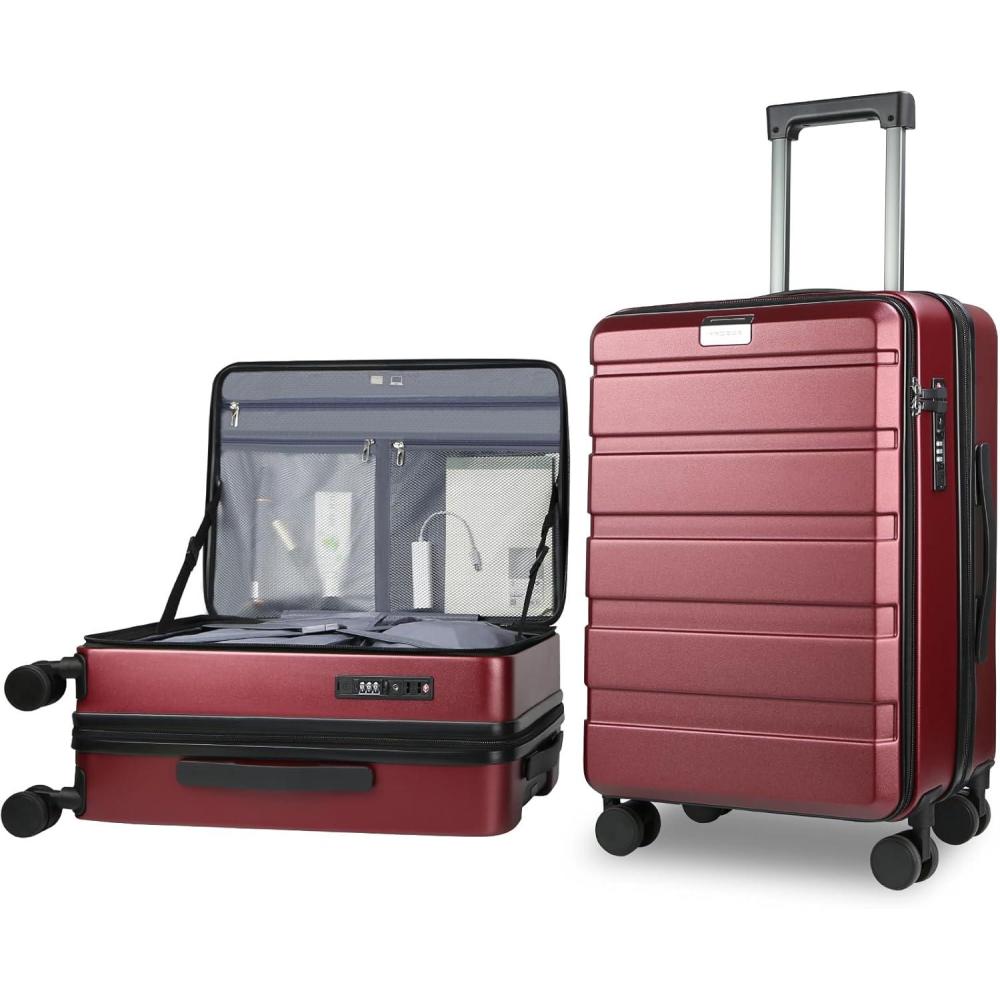 imageKROSER Carry On Luggage with Spinner Wheels amp Builtin TSA Lock Expandable Top Opening Hard Shell Suitcase Large Capacity Durable Rolling Luggage with USB Port CarryOn 20Inch Light BlueBurgundy