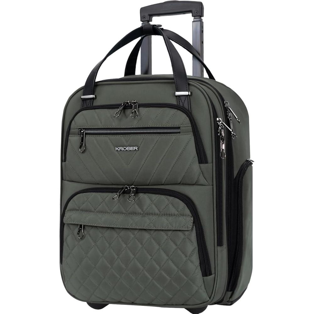 imageKROSER Carry On Underseat Multifunctional 16inch Underseater Lightweight Overnight Suitcase for Women Haze BlueArmy Green