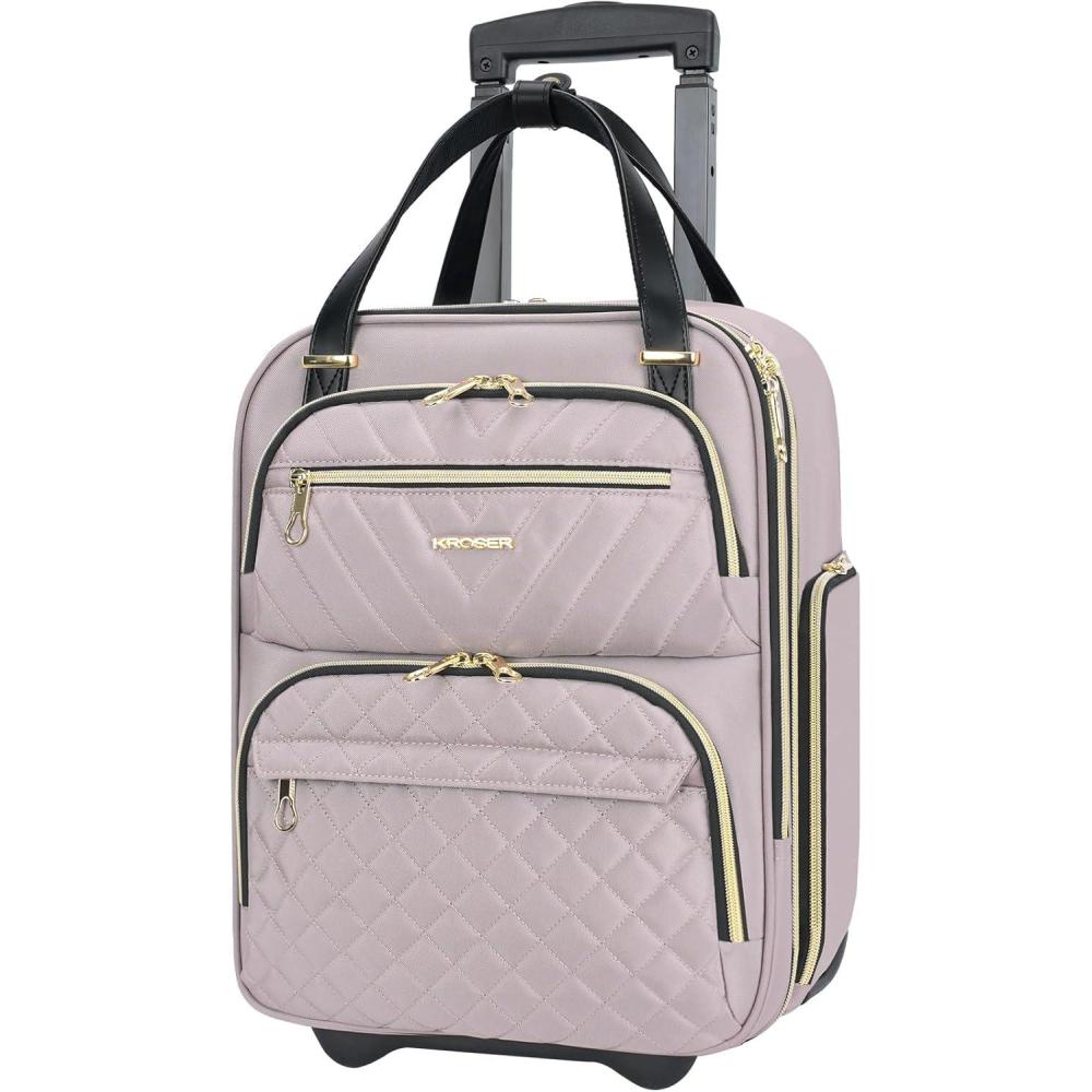 imageKROSER Carry On Underseat Multifunctional 16inch Underseater Lightweight Overnight Suitcase for Women Haze BlueDusty PinkGold