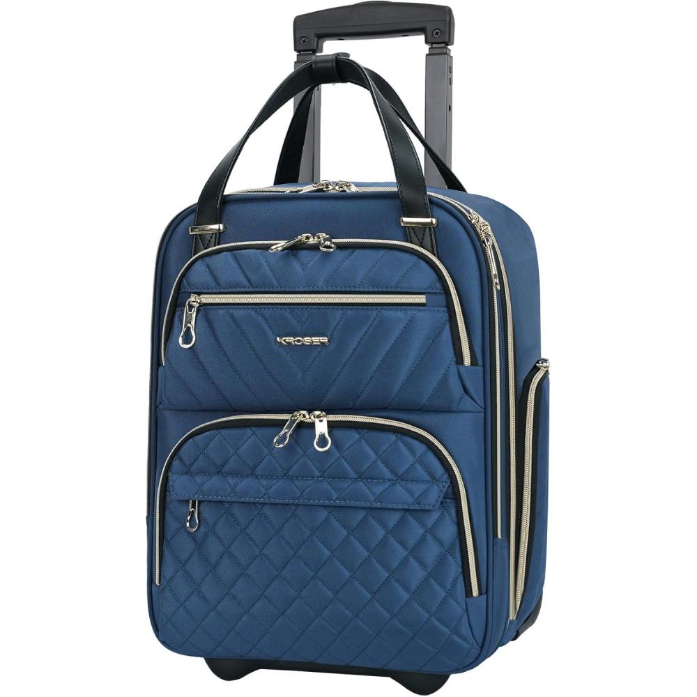 imageKROSER Carry On Underseat Multifunctional 16inch Underseater Lightweight Overnight Suitcase for Women Haze BlueHaze BlueGold