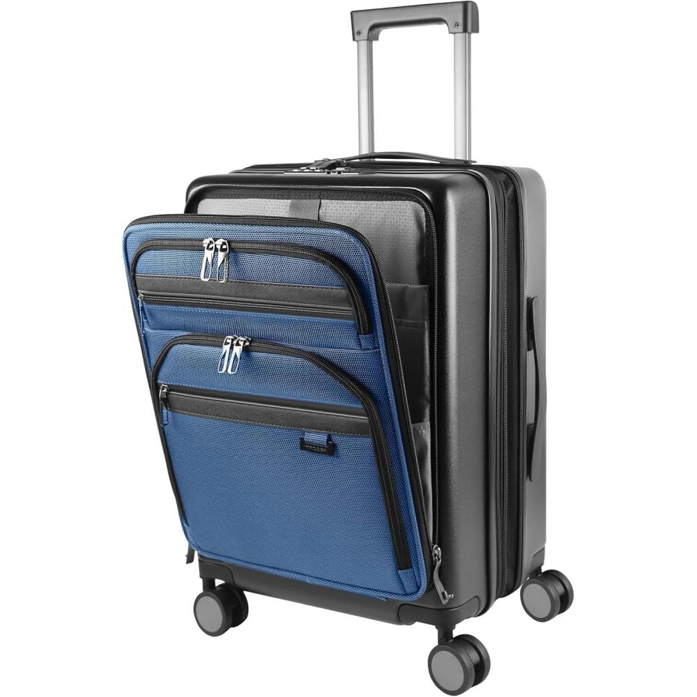 imageKROSER Hardside Expandable Carry On Luggage 22x14x9 Airline Approved With Front Business Pockets 20 Inch Suitcases with Wheels Carry on Suitcase with TSA Lock amp USB Port BlackBlackHaze Blue