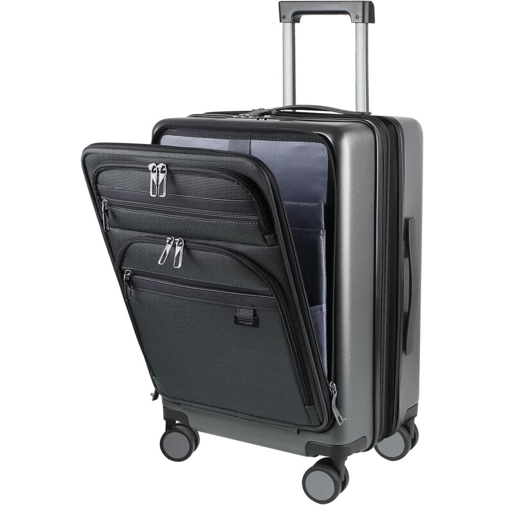 imageKROSER Hardside Expandable Carry On Luggage 22x14x9 Airline Approved With Front Business Pockets 20 Inch Suitcases with Wheels Carry on Suitcase with TSA Lock amp USB Port BlackSteel Grey