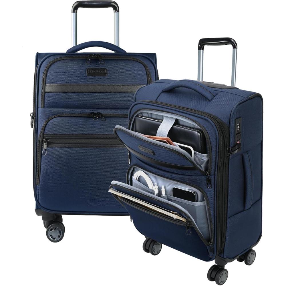 imageKROSER Softside Expandable Carry On Luggage with Front Business Pockets20 Inch Suitcases with Spinner Wheels amp Builtin TSA Lock Durable Suitcase Rolling Luggage with USB Port Haze BlueNavy20