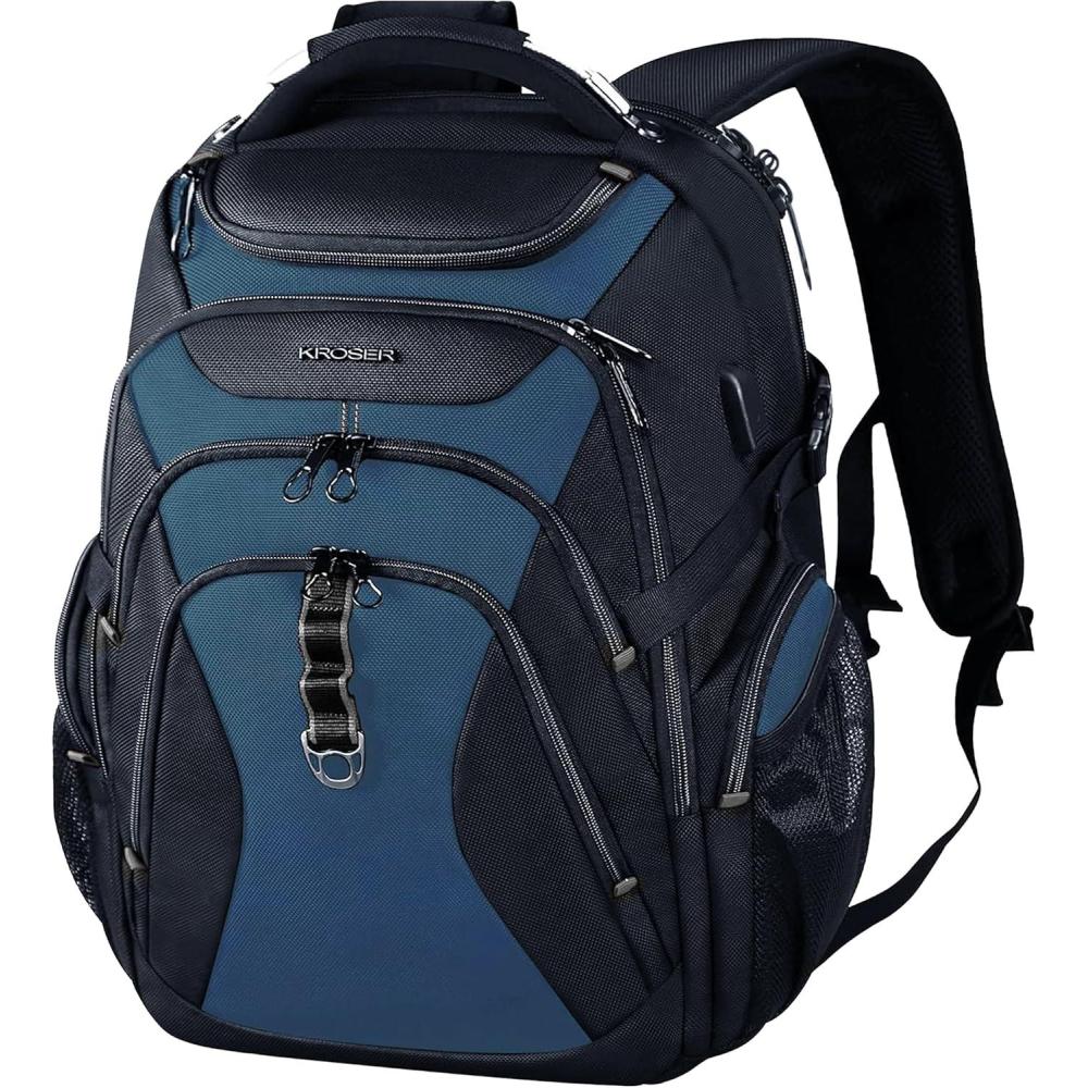 imageKROSER Travel Laptop Backpack 173 Inch XL Computer Backpack with Hard Shell Saferoom RFID Pockets WaterRepellent Business College Daypack Stylish Bag for MenWomenBlackBlackHaze Blue184