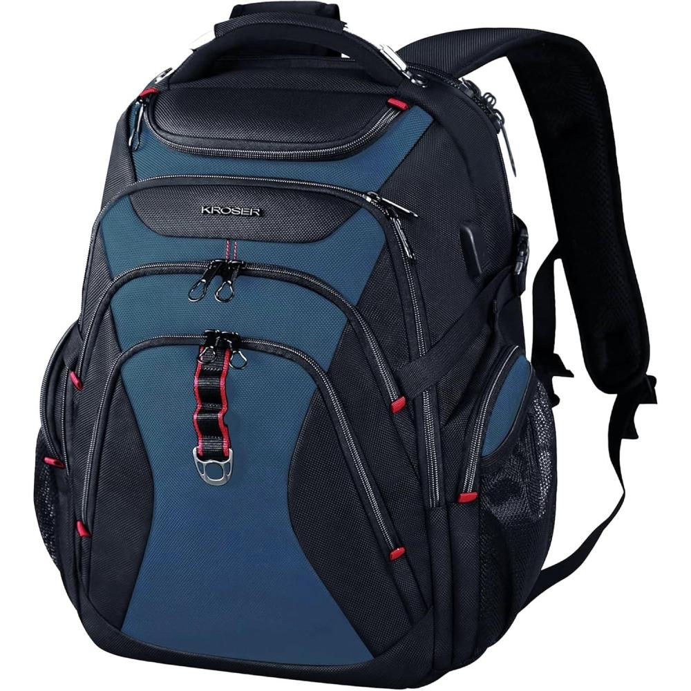 imageKROSER Travel Laptop Backpack 173 Inch XL Computer Backpack with Hard Shell Saferoom RFID Pockets WaterRepellent Business College Daypack Stylish Bag for MenWomenBlackBlackHaze Blue173