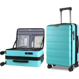 KROSER Carry On Luggage with Spinner Wheels & Built-in TSA Lock, Expandable Top Opening Hard Shell Suitcase Large Capacity Durable Rolling Luggage with USB Port, Carry-On 20-Inch, Light Blue(Lake Blue)