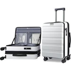 KROSER Carry On Luggage with Spinner Wheels & Built-in TSA Lock, Expandable Top Opening Hard Shell Suitcase Large Capacity Durable Rolling Luggage with USB Port, Carry-On 20-Inch, Light Blue(White)