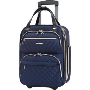 KROSER Carry On Underseat Multi-functional, 16-inch Underseater Lightweight Overnight Suitcase for Women, Haze Blue(Navy/Gold)