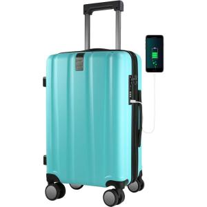 KROSER Hardside Expandable Carry On Luggage with Spinner Wheels & Built-in TSA Lock, Durable Suitcase Rolling Luggage with USB Port, Carry-On 20-Inch, Green(Lake Blue)