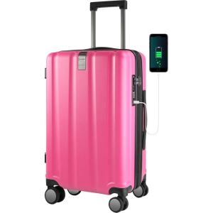 KROSER Hardside Expandable Carry On Luggage with Spinner Wheels & Built-in TSA Lock, Durable Suitcase Rolling Luggage with USB Port, Carry-On 20-Inch, White(Magenta)