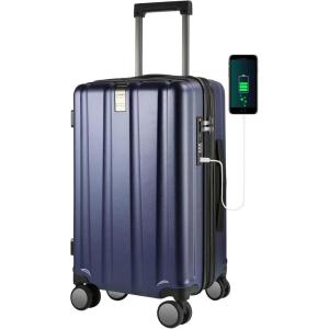 KROSER Hardside Expandable Carry On Luggage with Spinner Wheels & Built-in TSA Lock, Durable Suitcase Rolling Luggage with USB Port, Carry-On 20-Inch, White(Navy)