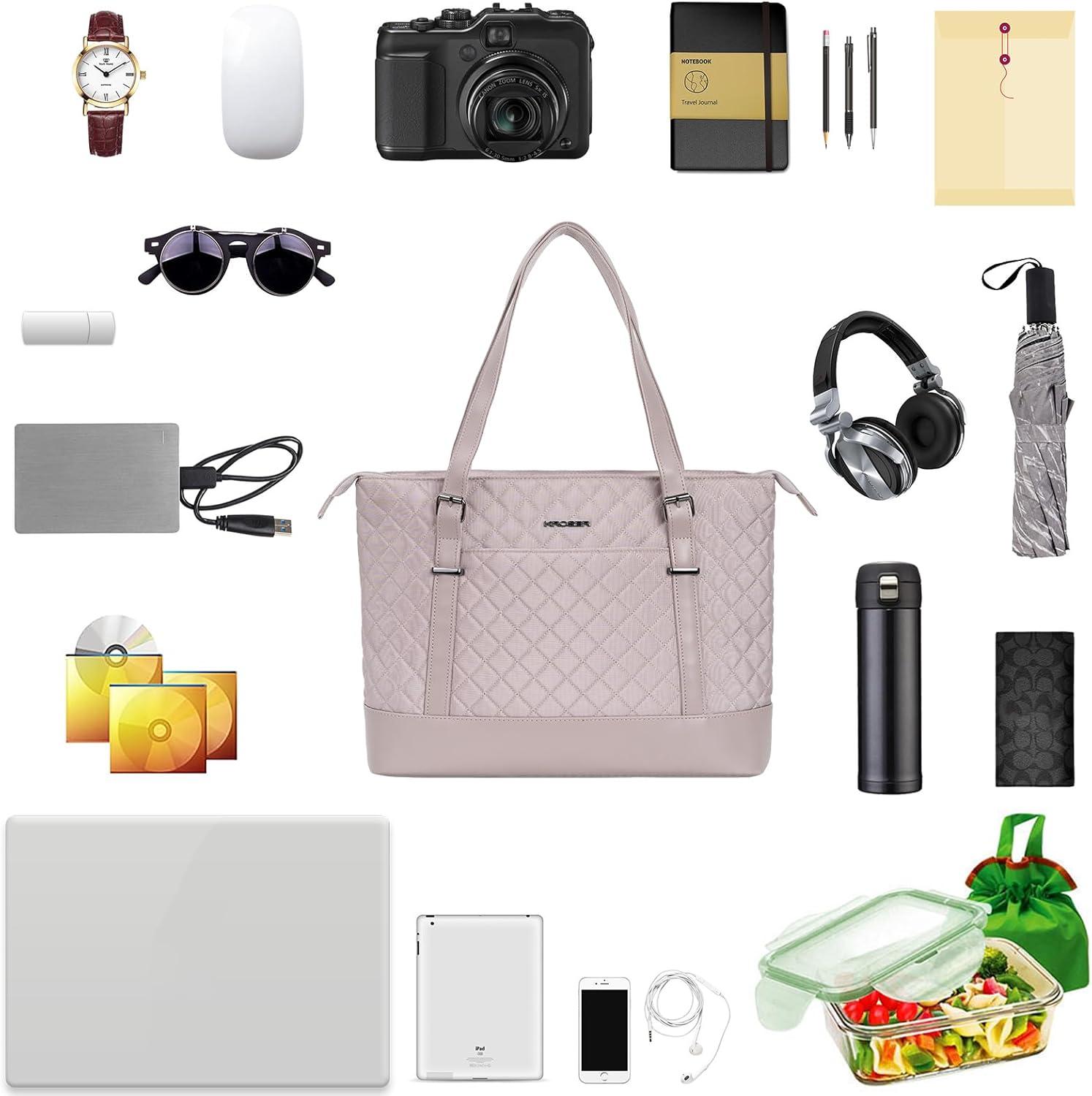 imageKROSER Laptop Tote Bag 156 Inch with USB Port Large Work Tote Bag Computer Shoulder Bag for Women Laptop Case for Office Business TravelQuiltedGrey Pink