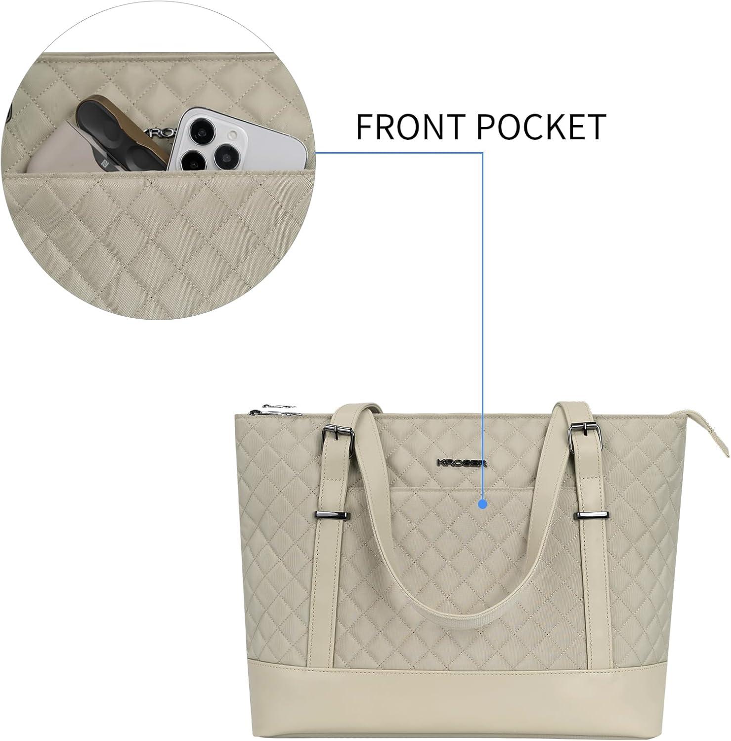 imageKROSER Laptop Tote Bag 156 Inch with USB Port Large Work Tote Bag Computer Shoulder Bag for Women Laptop Case for Office Business TravelQuiltedLight Khaki