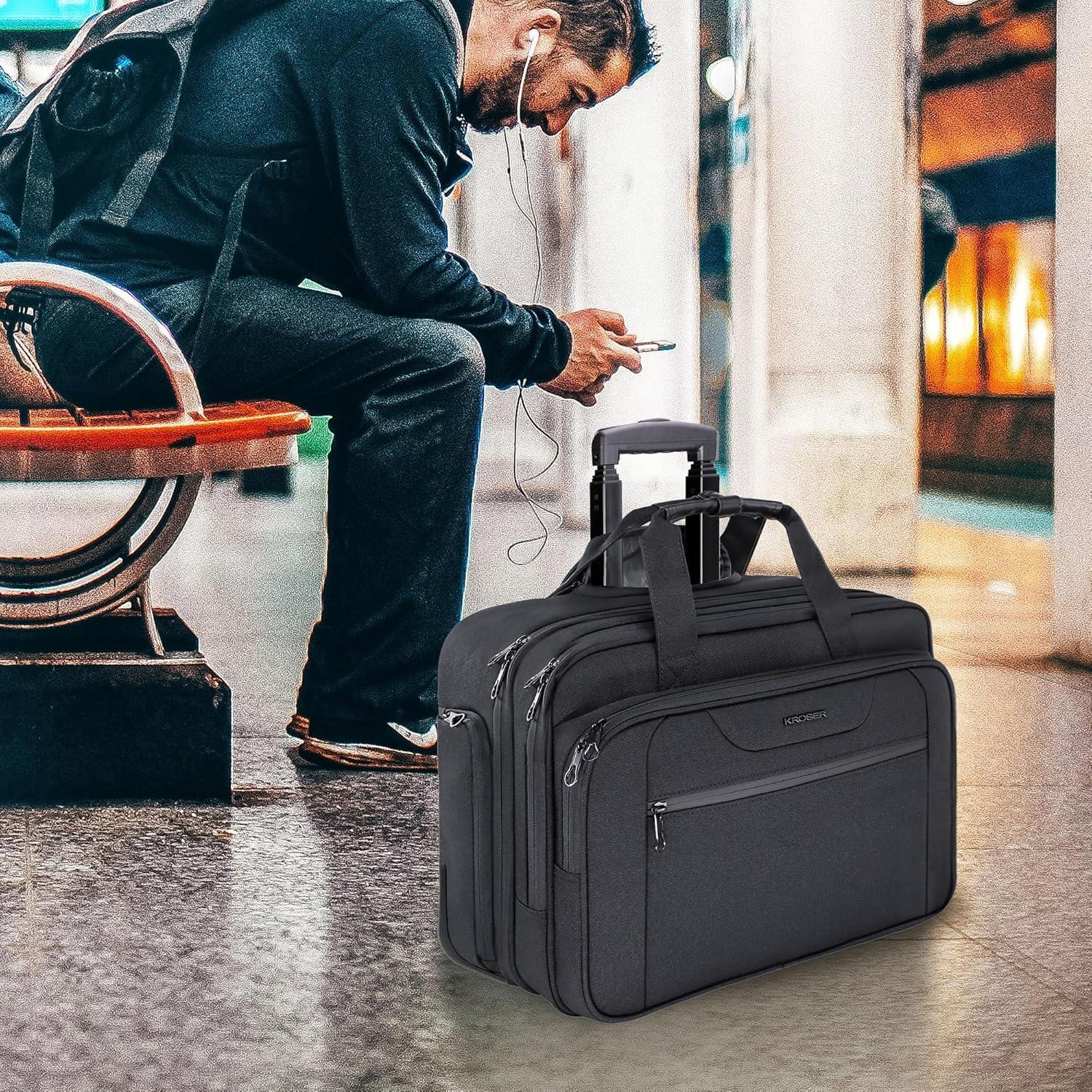 imageKROSER Rolling Laptop Bag Premium Wheeled Briefcase Fits Up to 173 Inch Laptop Overnight Roller Case Computer Bag with RFID Pockets for TravelBusinessMenWomenBlack