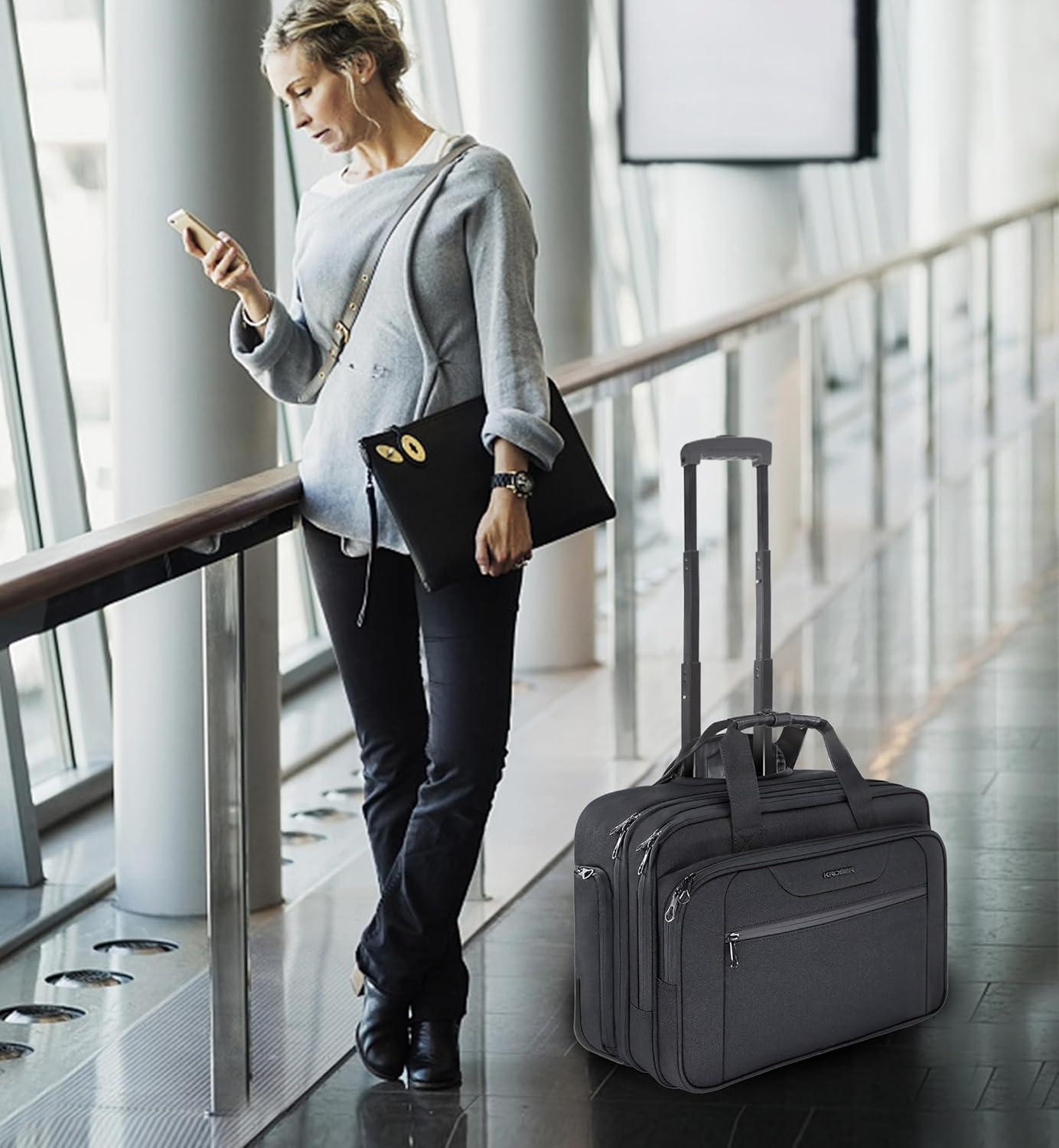 imageKROSER Rolling Laptop Bag Premium Wheeled Briefcase Fits Up to 173 Inch Laptop Overnight Roller Case Computer Bag with RFID Pockets for TravelBusinessMenWomenBlack