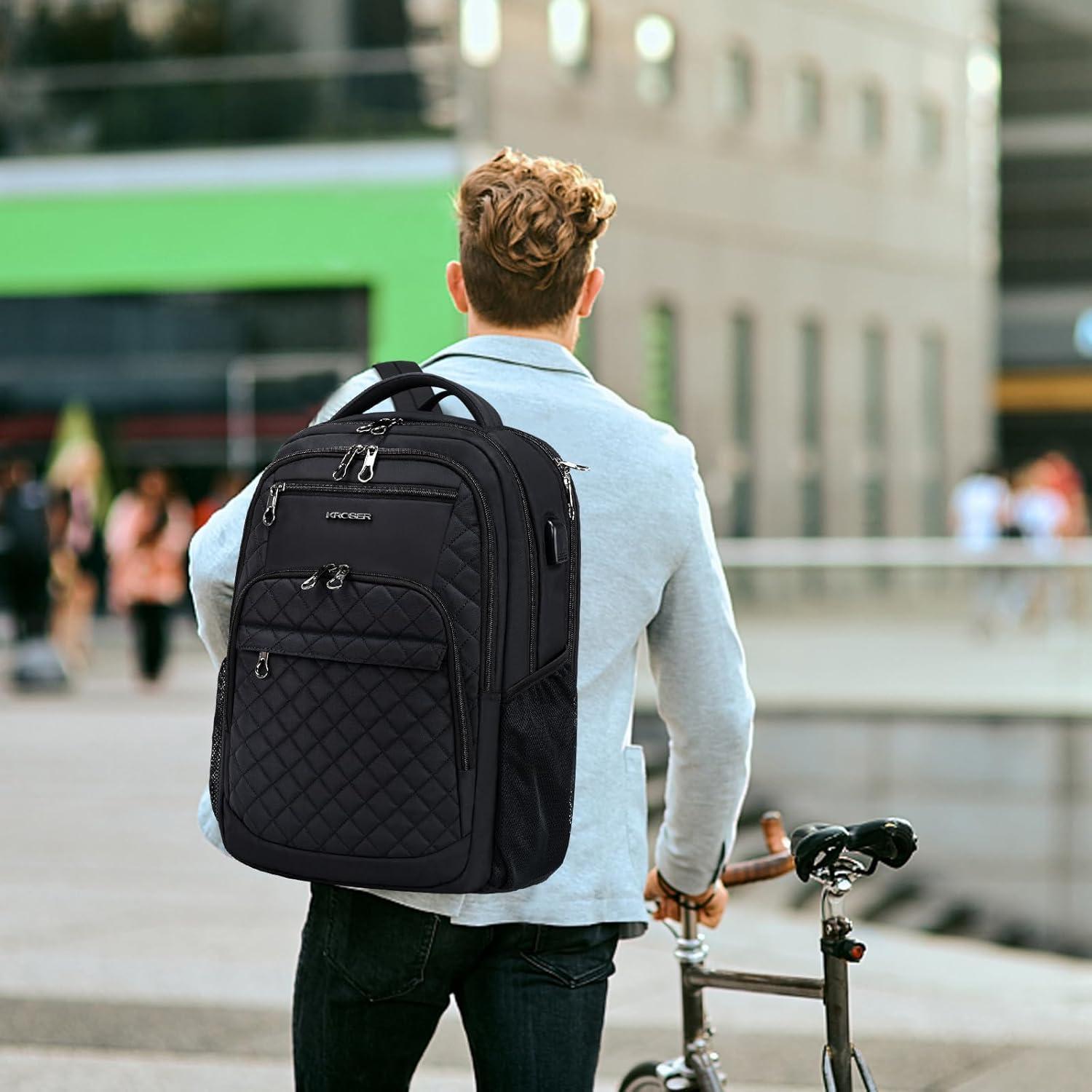 imageKROSER Travel Laptop Backpack 17 Inch Large Computer Backpack WaterRepellent Daypack with USB Charging Port RFID Pockets for WorkBusinessCollegeMenWomenQuiltedQuilted Black