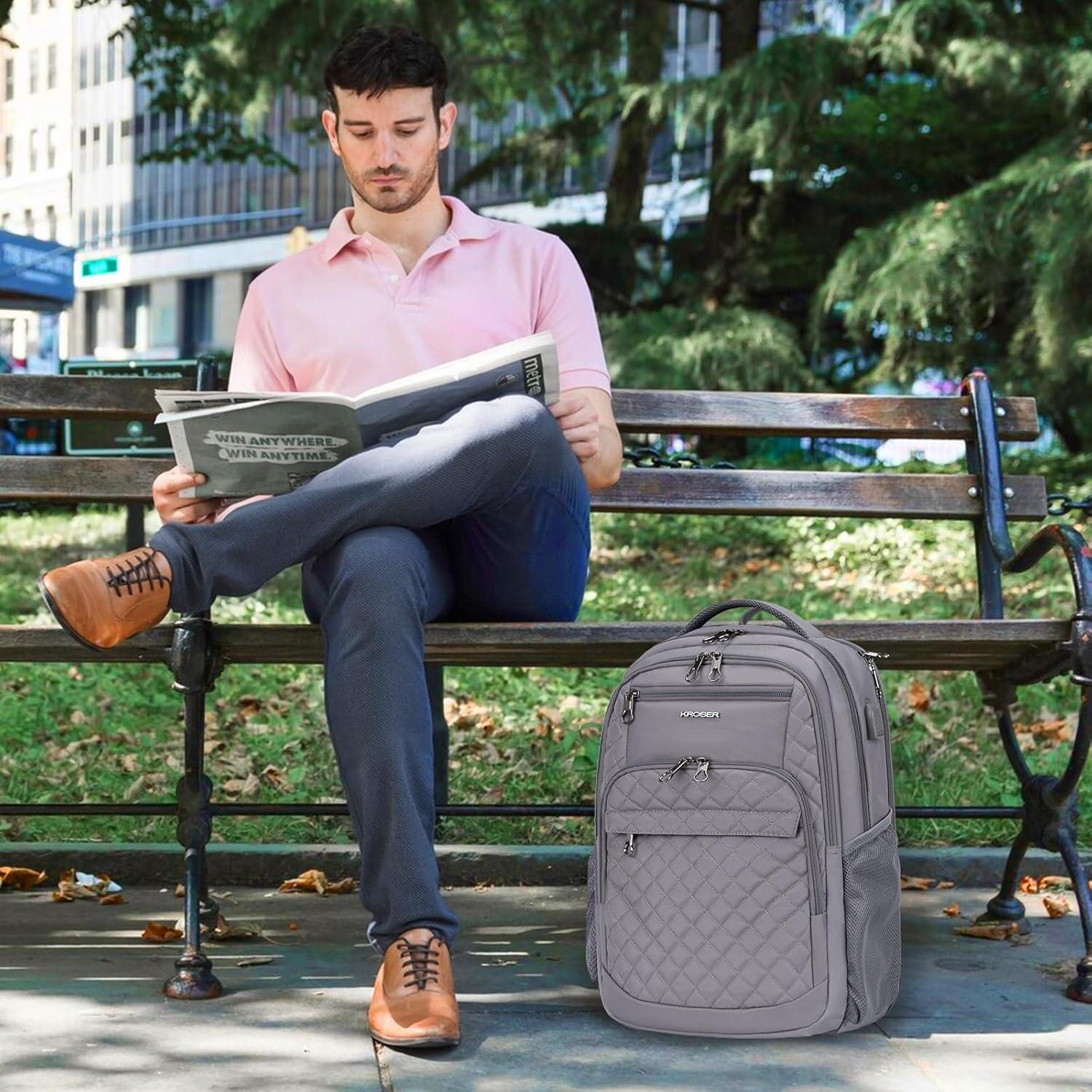 imageKROSER Travel Laptop Backpack 17 Inch Large Computer Backpack WaterRepellent Daypack with USB Charging Port RFID Pockets for WorkBusinessCollegeMenWomenQuiltedQuilted Dark Grey