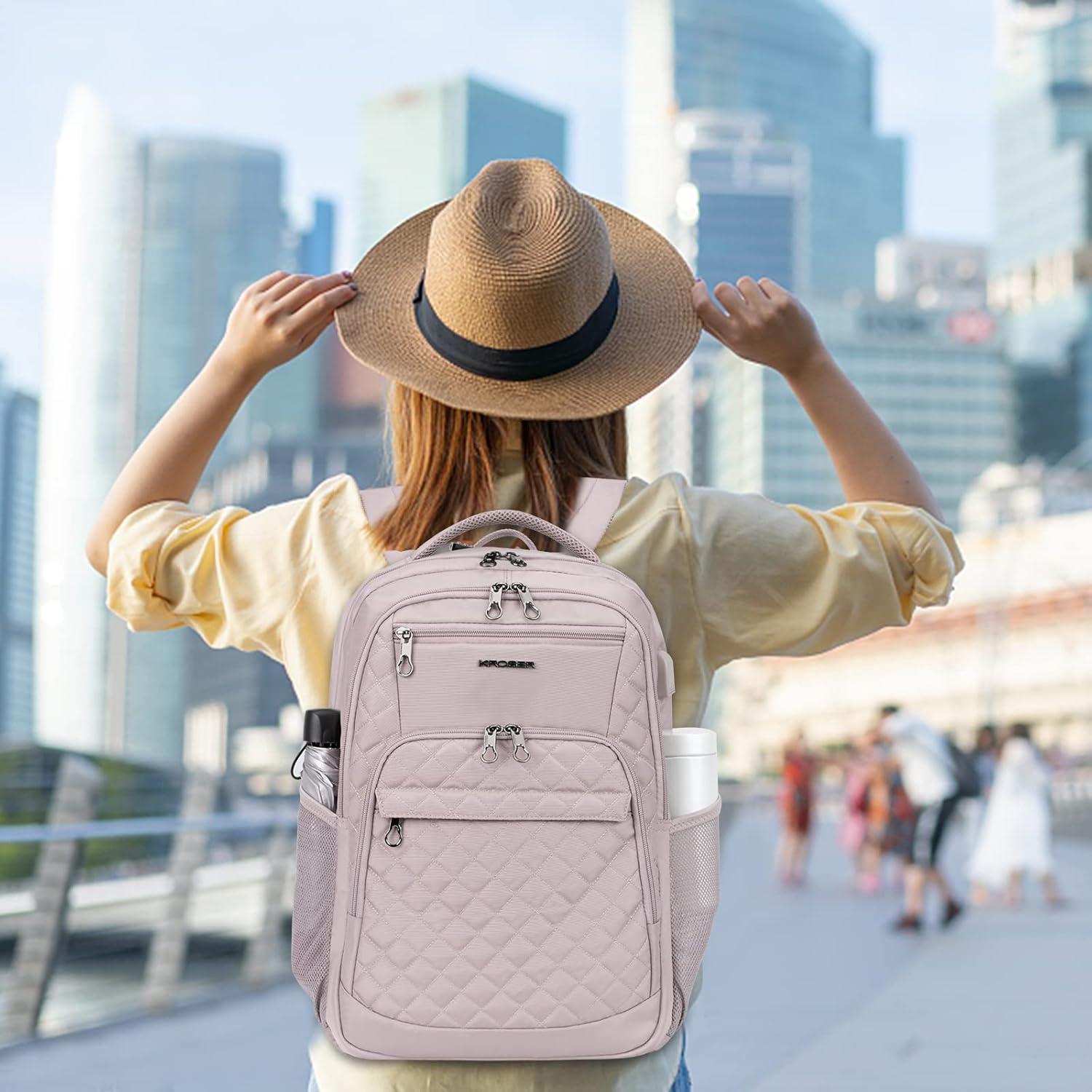 imageKROSER Travel Laptop Backpack 17 Inch Large Computer Backpack WaterRepellent Daypack with USB Charging Port RFID Pockets for WorkBusinessCollegeMenWomenQuiltedQuilted Dusty Pink