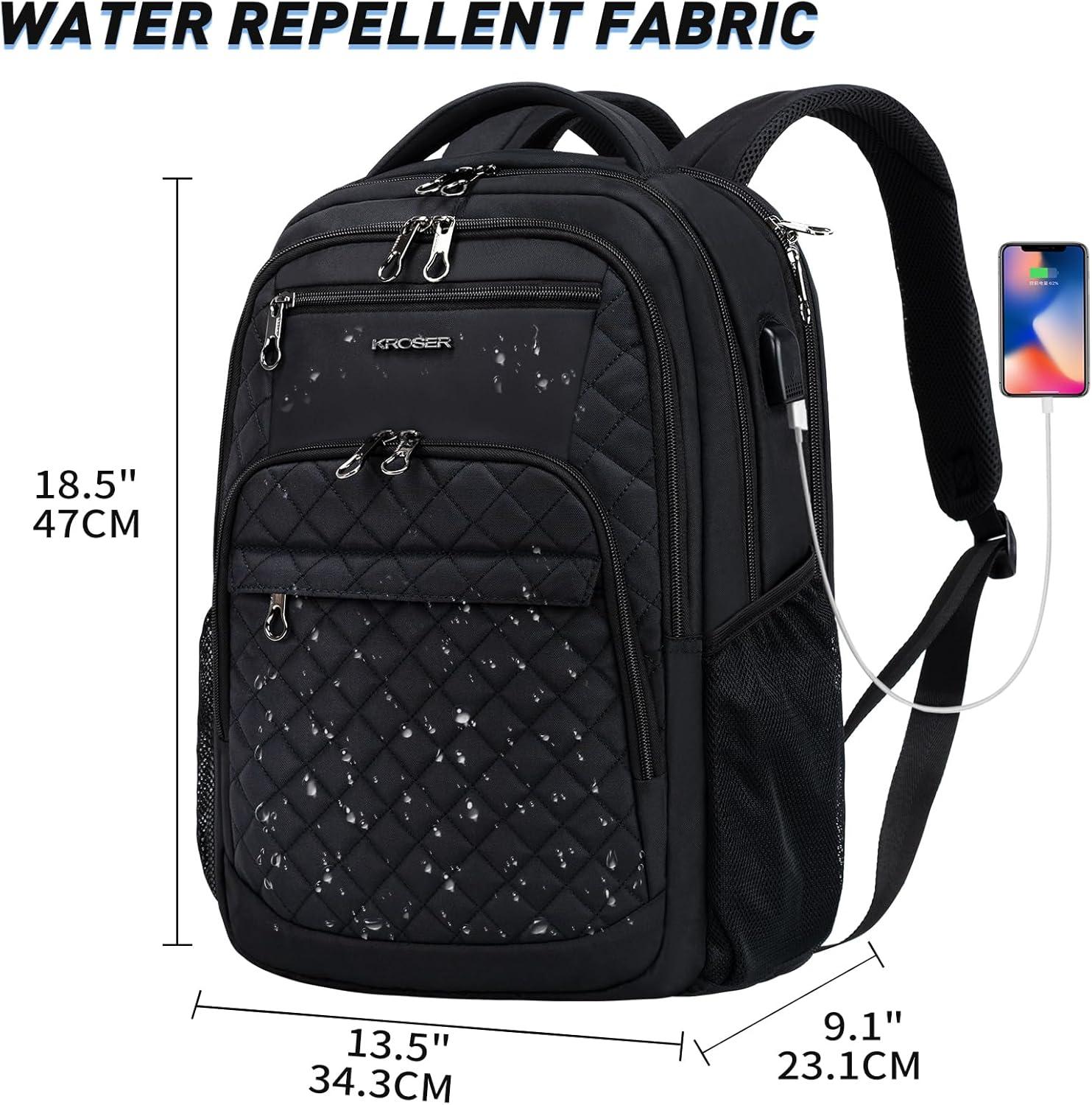 imageKROSER Travel Laptop Backpack 17 Inch Large Computer Backpack WaterRepellent Daypack with USB Charging Port RFID Pockets for WorkBusinessCollegeMenWomenQuiltedQuilted Black
