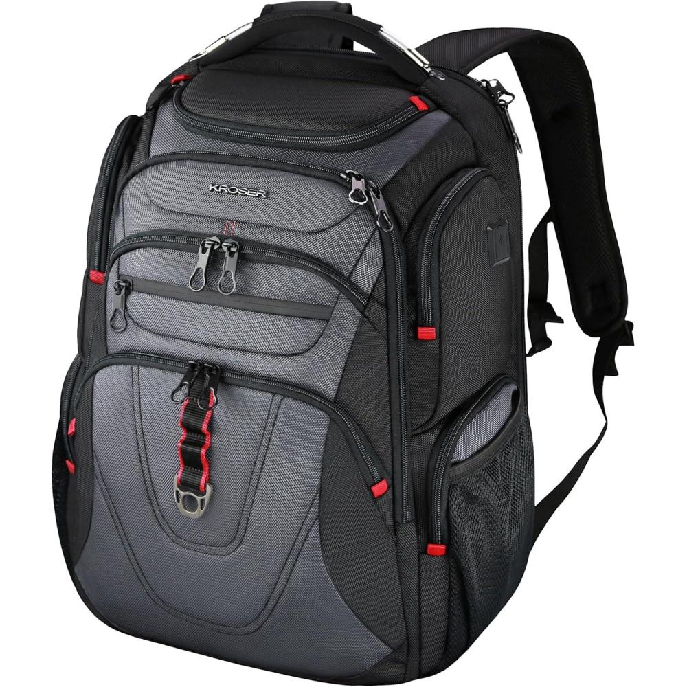 imageKROSER Friendly Travel Laptop Backpack 173 inch XXXL Gaming Backpack WaterRepellent College Daypack Business Backpack with RFID Pockets amp USB Port for MenWomenBlackRedBlackGrey173