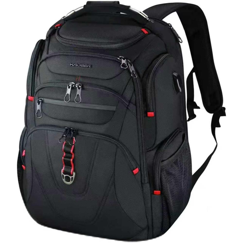 imageKROSER Friendly Travel Laptop Backpack 173 inch XXXL Gaming Backpack WaterRepellent College Daypack Business Backpack with RFID Pockets amp USB Port for MenWomenBlackRedBlack173