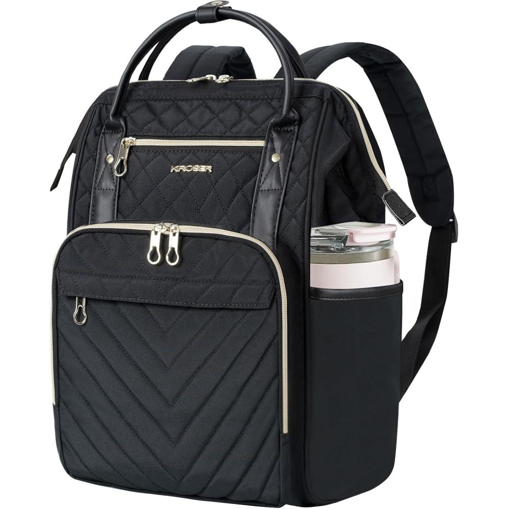 imageKROSER Laptop Backpack 17 Stylish Backpack Water Repellent College Casual Daypack with USB Port Travel Business Work Bag for MenWomenQuilted  Water Repellent College Casual Daypack USB Port Travel BusinessQuilted Black