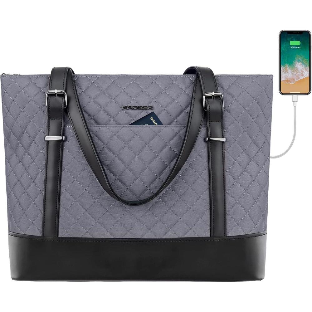 imageKROSER Laptop Tote Bag 156 Inch with USB Port Large Work Tote Bag Computer Shoulder Bag for Women Laptop Case for Office Business TravelQuiltedGrey