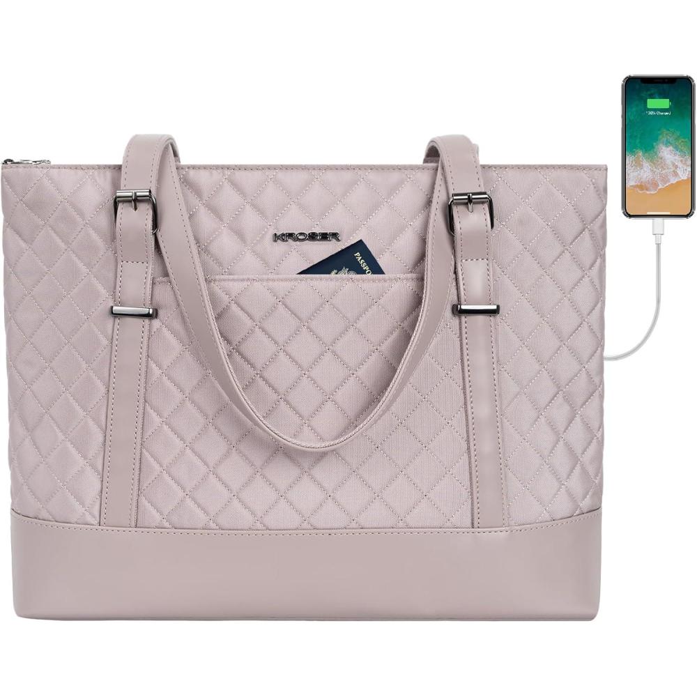 imageKROSER Laptop Tote Bag 156 Inch with USB Port Large Work Tote Bag Computer Shoulder Bag for Women Laptop Case for Office Business TravelQuiltedGrey Pink