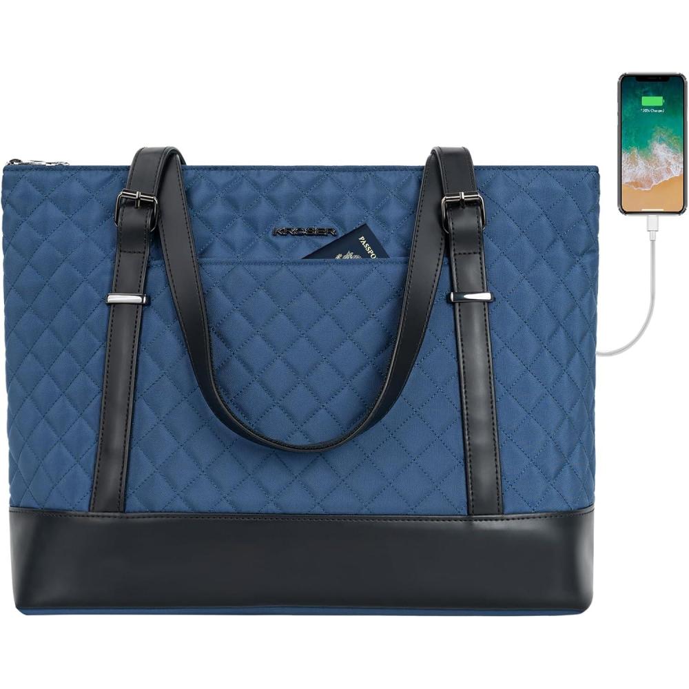 imageKROSER Laptop Tote Bag 156 Inch with USB Port Large Work Tote Bag Computer Shoulder Bag for Women Laptop Case for Office Business TravelQuiltedHaze Blue