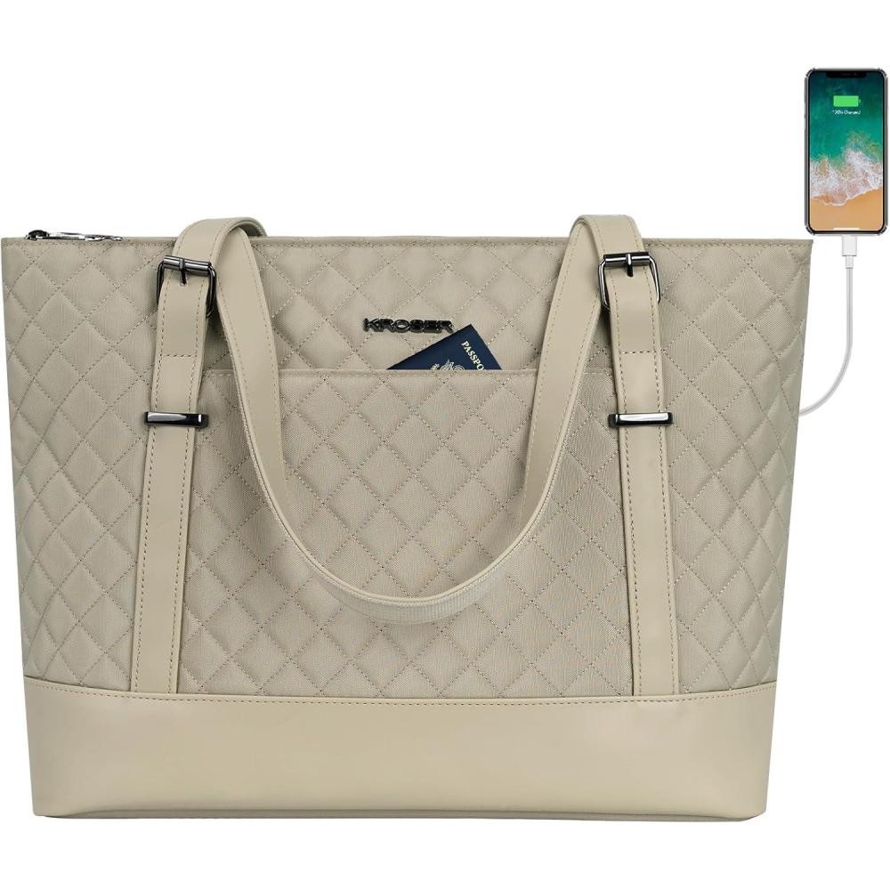 imageKROSER Laptop Tote Bag 156 Inch with USB Port Large Work Tote Bag Computer Shoulder Bag for Women Laptop Case for Office Business TravelQuiltedLight Khaki