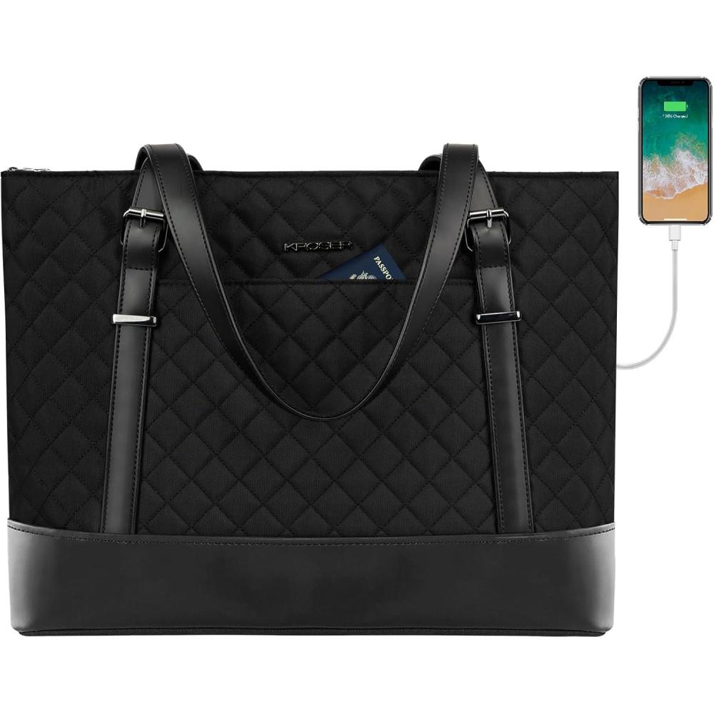 imageKROSER Laptop Tote Bag 156 Inch with USB Port Large Work Tote Bag Computer Shoulder Bag for Women Laptop Case for Office Business TravelQuiltedQulited Black