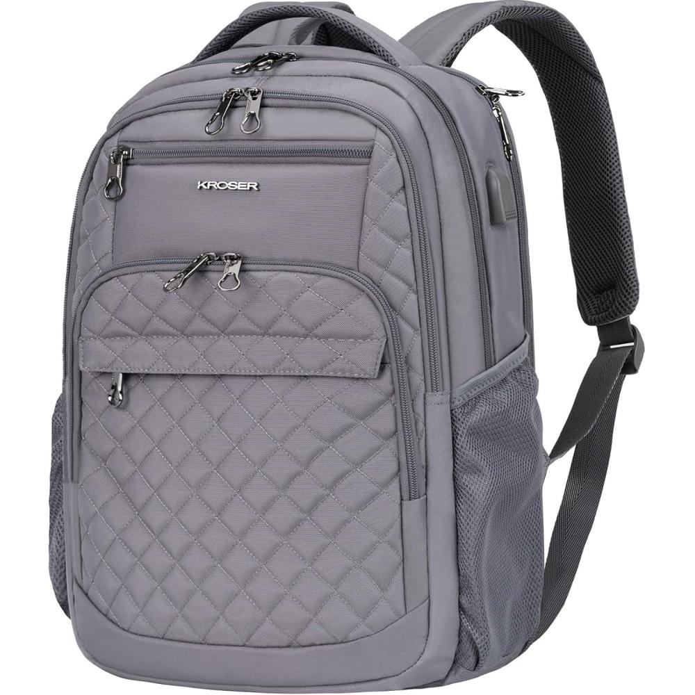 imageKROSER Travel Laptop Backpack 17 Inch Large Computer Backpack WaterRepellent Daypack with USB Charging Port RFID Pockets for WorkBusinessCollegeMenWomenQuiltedQuilted Dark Grey