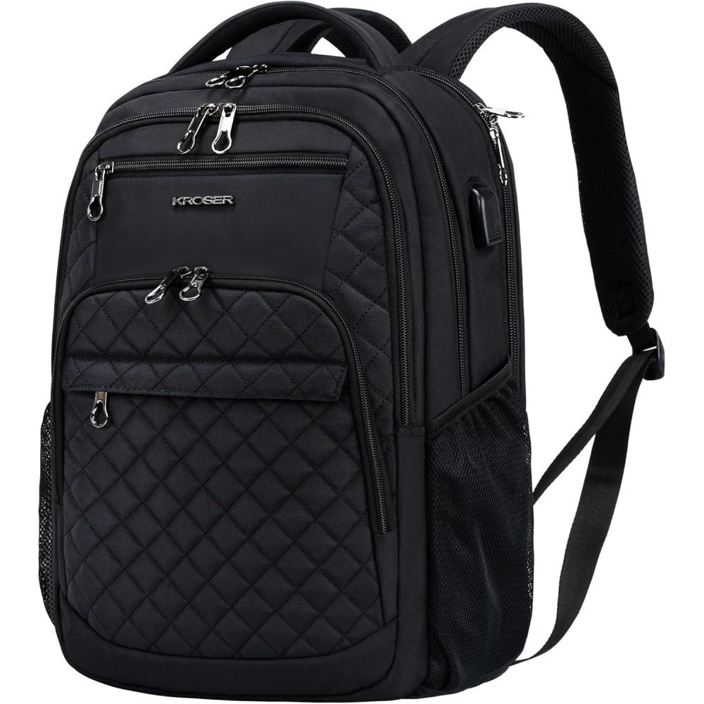 imageKROSER Travel Laptop Backpack 17 Inch Large Computer Backpack WaterRepellent Daypack with USB Charging Port RFID Pockets for WorkBusinessCollegeMenWomenQuiltedQuilted Black