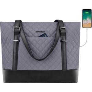 KROSER Laptop Tote Bag 15.6 Inch with USB Port, Large Work Tote Bag Computer Shoulder Bag for Women, Laptop Case for Office Business Travel(Quilted)(Grey)