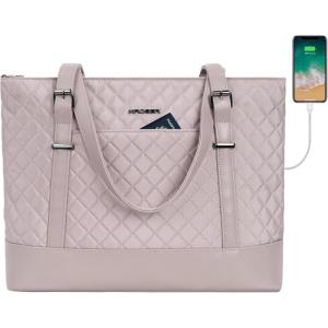 KROSER Laptop Tote Bag 15.6 Inch with USB Port, Large Work Tote Bag Computer Shoulder Bag for Women, Laptop Case for Office Business Travel(Quilted)(Grey Pink)