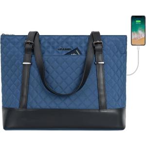 KROSER Laptop Tote Bag 15.6 Inch with USB Port, Large Work Tote Bag Computer Shoulder Bag for Women, Laptop Case for Office Business Travel(Quilted)(Haze Blue)