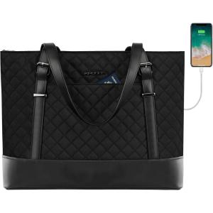 KROSER Laptop Tote Bag 15.6 Inch with USB Port, Large Work Tote Bag Computer Shoulder Bag for Women, Laptop Case for Office Business Travel(Quilted)(Qulited Black)