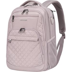 KROSER Travel Laptop Backpack 17 Inch Large Computer Backpack Water-Repellent Daypack with USB Charging Port RFID Pockets for Work/Business/College/Men/Women(Quilted)(Quilted Dusty Pink)