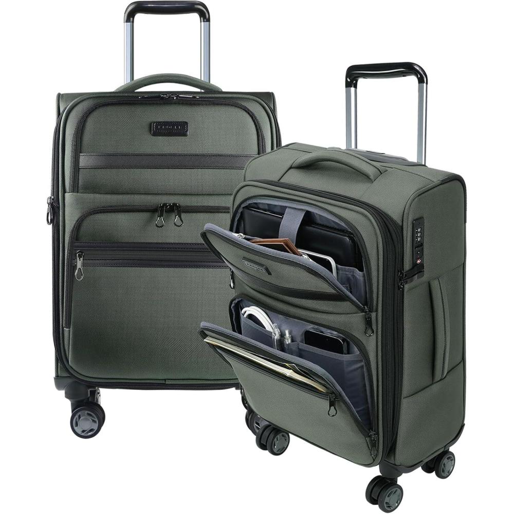 imageKROSER Softside Expandable checked Luggage with Front Business Pockets24 Inch Suitcases with Spinner Wheels amp Builtin TSA Lock Durable Suitcase Rolling Luggage NavyArmy Green20