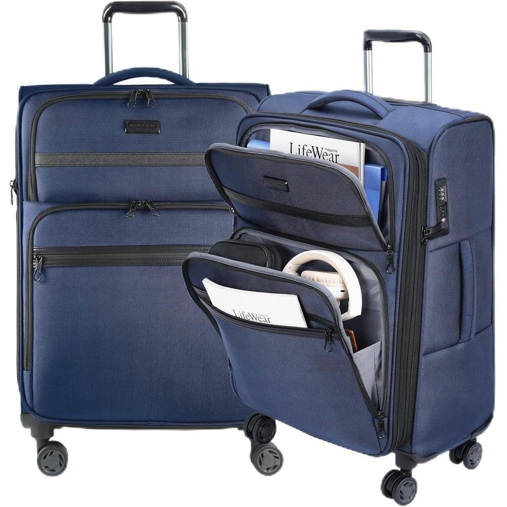 imageKROSER Softside Expandable checked Luggage with Front Business Pockets24 Inch Suitcases with Spinner Wheels amp Builtin TSA Lock Durable Suitcase Rolling Luggage NavyNavy24