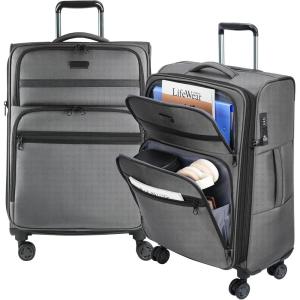 KROSER Softside Expandable checked Luggage with Front Business Pockets，24 Inch Suitcases with Spinner Wheels & Built-in TSA Lock, Durable Suitcase Rolling Luggage, Navy(Grey-24)