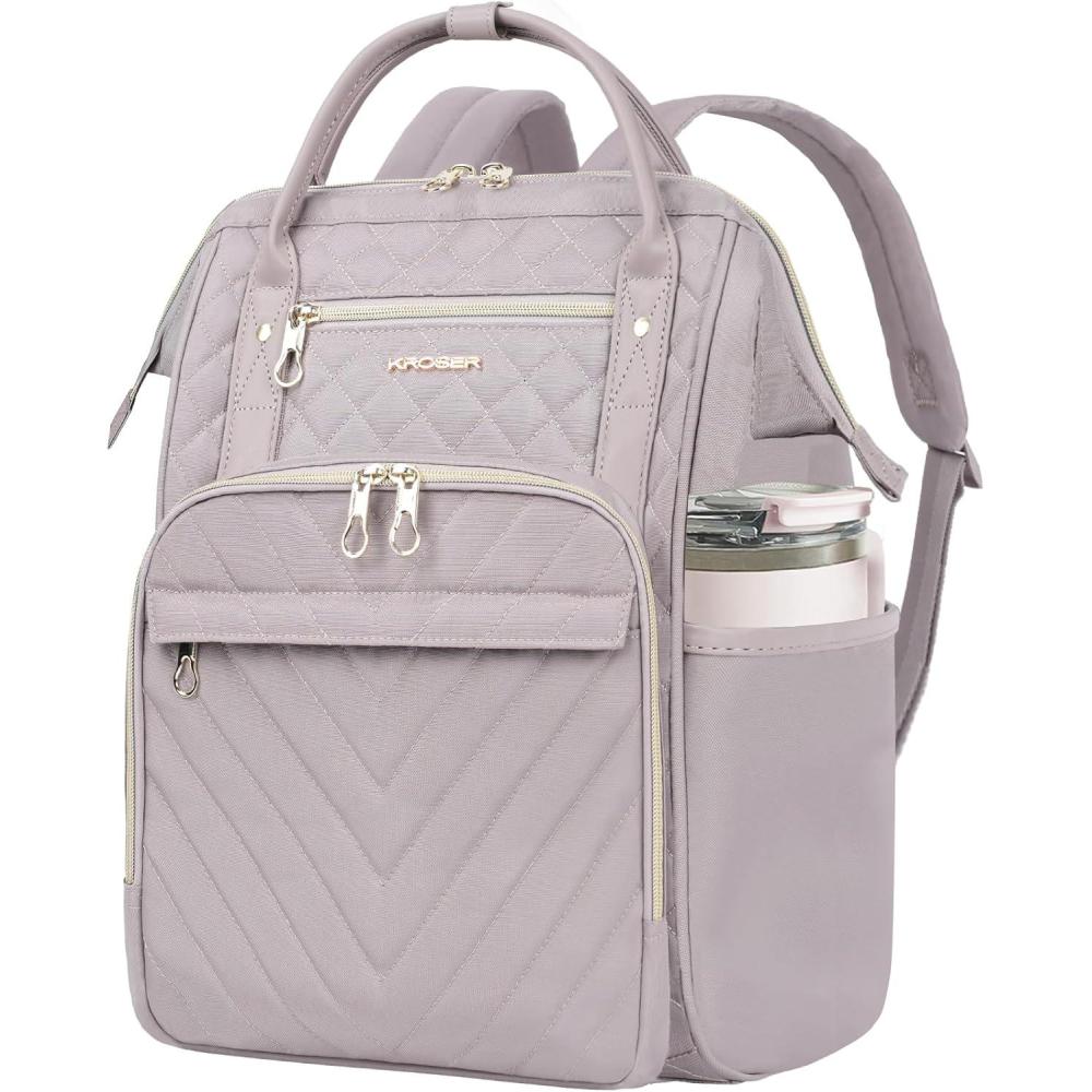 imageKROSER Laptop Backpack 17 Stylish Backpack Water Repellent College Casual Daypack with USB Port Travel Business Work Bag for MenWomenBeigeHaze BlueQuilted Dusty Pink