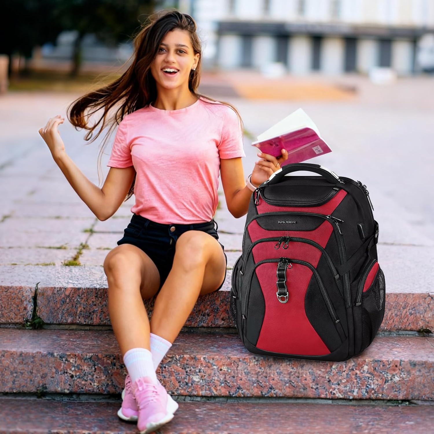 image:imageKROSER Laptop Backpack 184 Inch Computer Backpack for MenWomenCollege Travel with Hard Shell Saferoom RFID Pockets WaterRepellent Business Daypack Stylish Bag Women Black Army Green XXXLBlackRed184